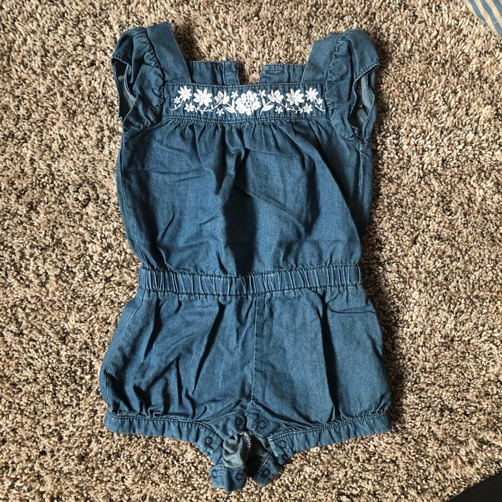 Baby Girl denim romper- floral stitch detail 6-12